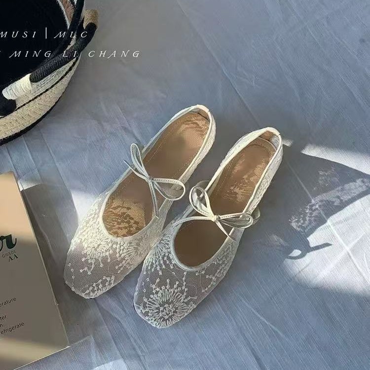 ¡Verición de Sheepskin! Zapatos de malla francesa para mujeres aumentando la altura interior de la cabeza cuadrada y lazo superficial con falda de hadas estilo Mary Jane