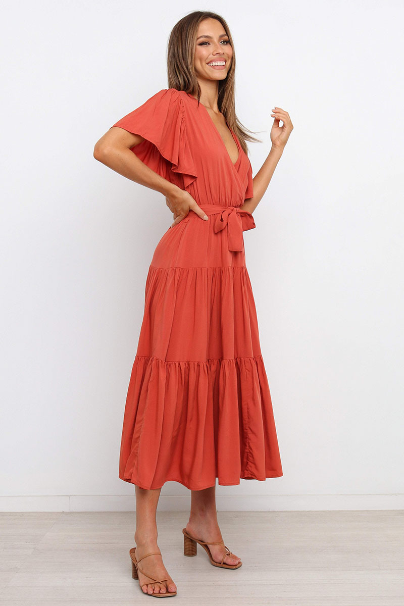 solid color short sleeve V-neck pleated stitching dress NSHFC125585