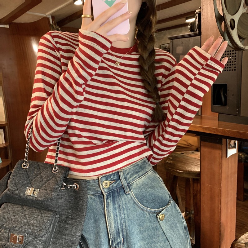 Color-Blocked Striped Short-Sleeved T-Shirt for Women, 2025 Autumn and Winter New Style, Casual Slim-Fit Inner Layer Top for Students Color-Blocked Striped Short-Sleeved T-Shirt for Women, 2025 Autumn and Winter New Style, Casual Slim-Fit Inner Layer Top for Students