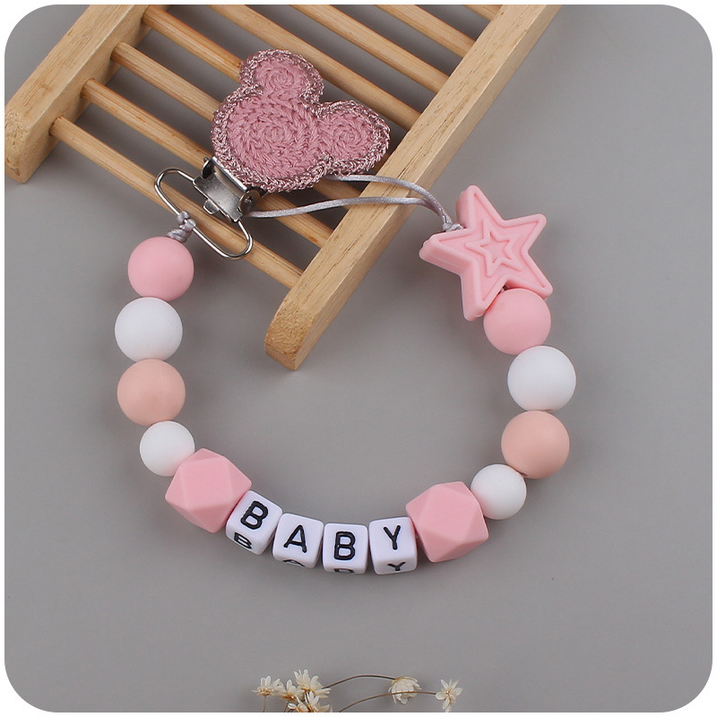 Nuevo bebé suministros animal chupete clip calmante bebé DIY nombre silicona mordedura pegamento molar chupete cadena