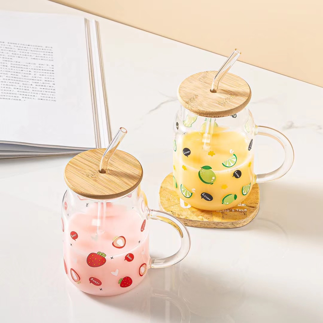 Fruta de verano de paja de vidrio taza de jugo de leche taza de té regalo personalizado taza de beber hogar estilo japonés taza de limón