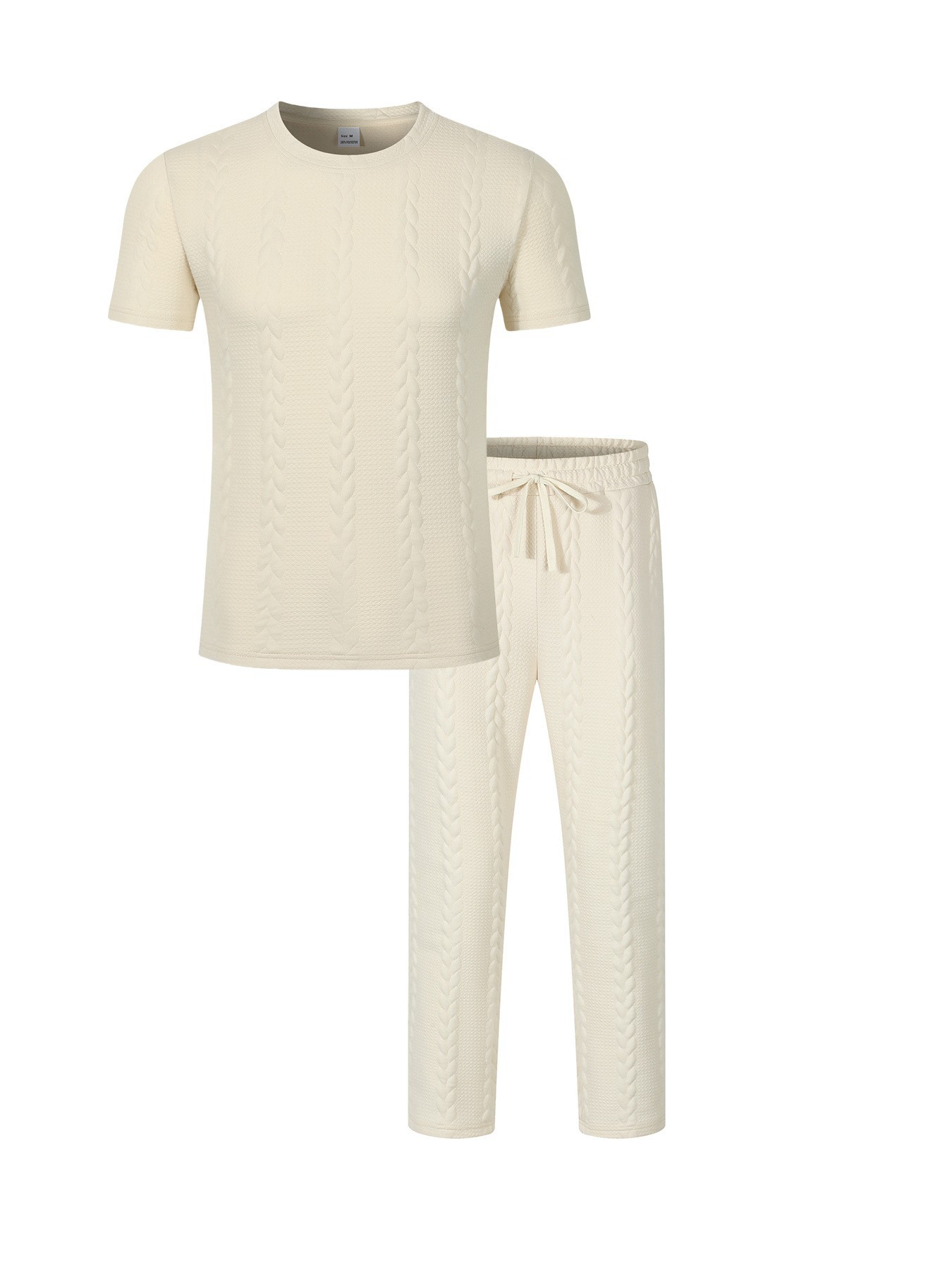 Men's Cable Knit Solid Color Jacquard Pullover Crew Neck Short Sleeve Trousers Casual Suit American Style Autumn New_viptrois.com