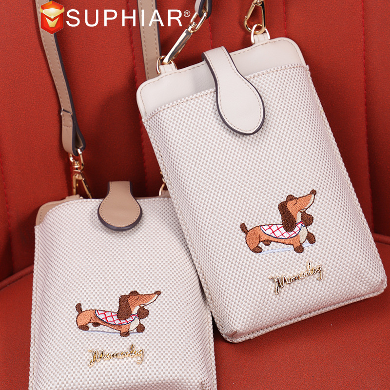Bolso de teléfono móvil tejido cachorro de dibujos animados original, bolso de mensajero de hombro simple y avanzado, bolso de teléfono móvil de lona de cuero PU, mujer