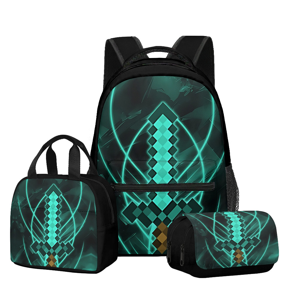 Nuevo producto 3D My World Minecraft mochila de estudiantes de primaria y secundaria bolsa de almuerzo bolsa de bolígrafo doble tres piezas set