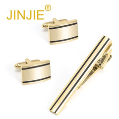 Gold-Striped Polished Brushed Metal Cufflink and Tie Clip Set, Exports and Imports Best-Selling Cufflink Set