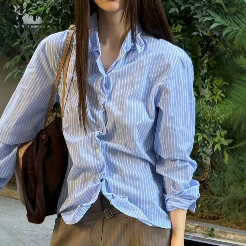 In-Stock Korean Lond*Nflat Autumn New Simple Casual Versatile Turn-Down Collar Striped Pleated Long-Sleeve Shirt In-Stock Korean Lond*Nflat Autumn New Simple Casual Versatile Turn-Down Collar Striped Pleated Long-Sleeve Shirt