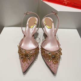 2025新款水晶大水钻尖头细高跟凉鞋蕾丝花朵网纱包头时尚性感女鞋