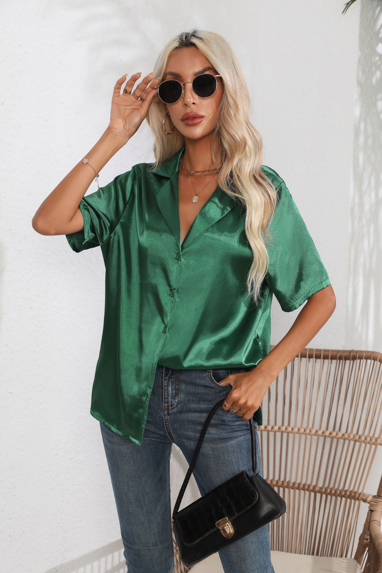 Women's Blouse Short Sleeve Blouses Button Classic Style British Style Solid Color display picture 1