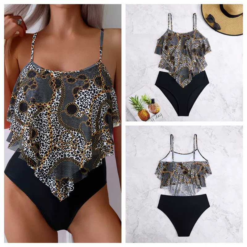 2025新款泳衣女欧美印花坦基尼泳装高切泳裤荷叶边时尚分体比基尼