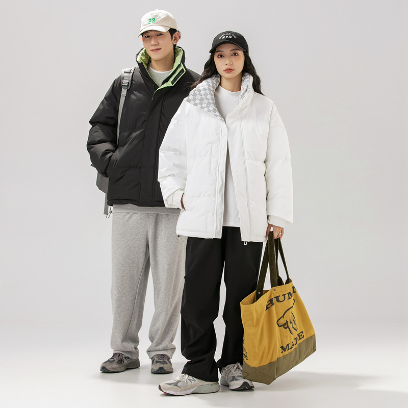 Winter Patchwork Color-Block High-Collar Cotton Jacket for Men and Women, Loose-Fit Puffer Coat, Warm Outerwear, Slimming and Versatile Trendy Style
