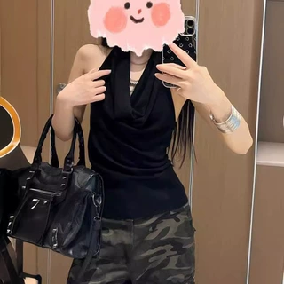 多巴胺辣妹荡领挂脖吊带背心女2024夏季修身百搭无袖显瘦露背上衣