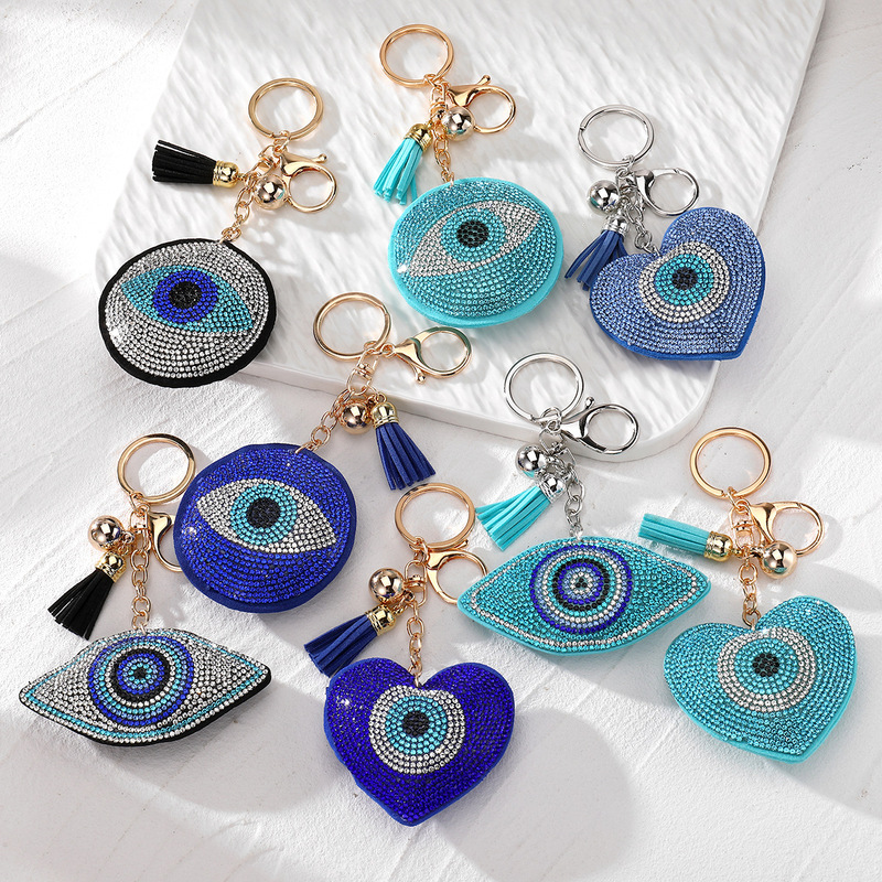 Cross-border New Diamond Devil's Eye Large Pendant Fashion Heart-shaped Leather Blue Eyes Full Diamond Tassel Pendant Cross-border New Diamond Devil's Eye Large Pendant Fashion Heart-shaped Leather Blue Eyes Full Diamond Tassel Pendant