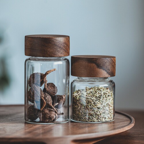 Small threaded wooden lid sealed glass jar B&B household tea jar coffee beans grains spice storage storage bottle