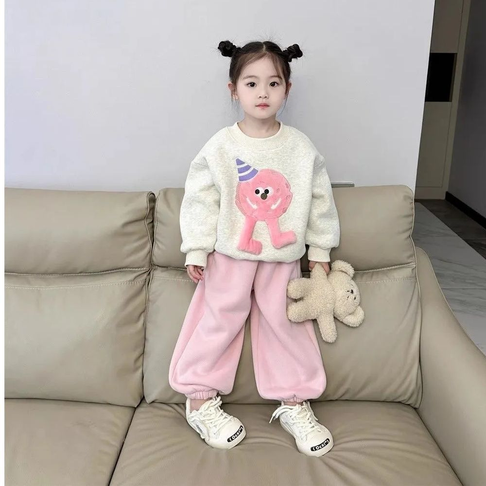 Suéter de invierno para niñas 2024 manga larga nuevo estilo más terciopelo grueso ropa de dibujos animados niñas niños tops de invierno dos piezas
