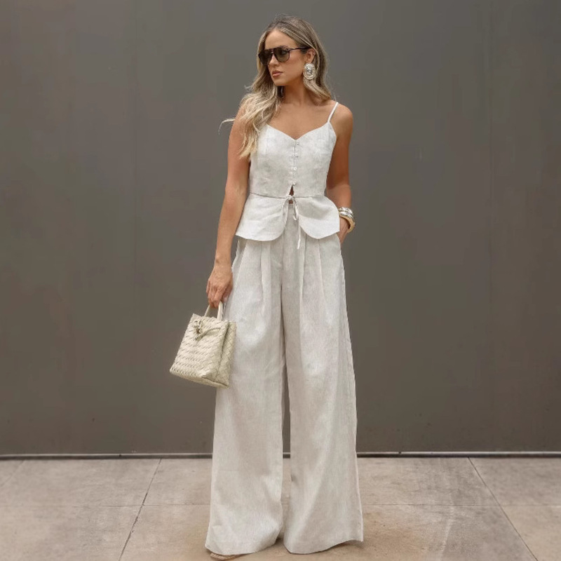 Cross-Border European and American Fashion Linen Camisole Top and Long Pants Two-Piece Set for Women, Summer Old Money Style Khaki Vest Set