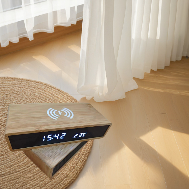 竹子无线充时钟创意电子LED镜面钟木质无线充贪睡闹钟实木竹子钟