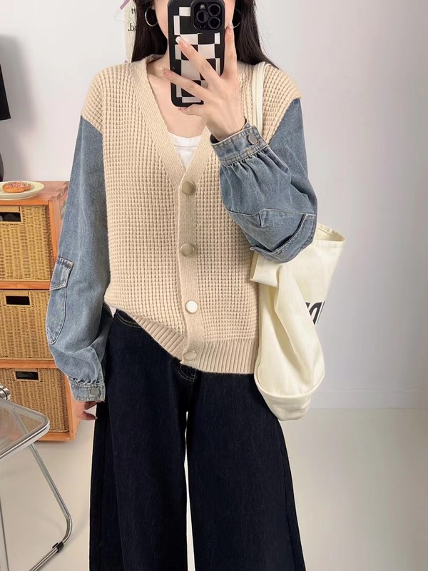 拼接牛仔针织开衫2025秋冬新款韩版宽松休闲百搭V领毛衣外套女潮|undefined