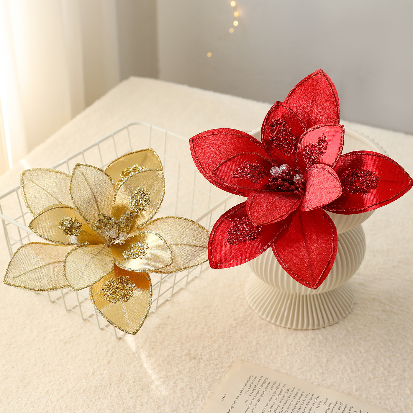 Nuevo producto 15CM tela de alta calidad flores de Navidad polvo de oro flor de polvo de polvo flor de Navidad decoración de caña de corolla
