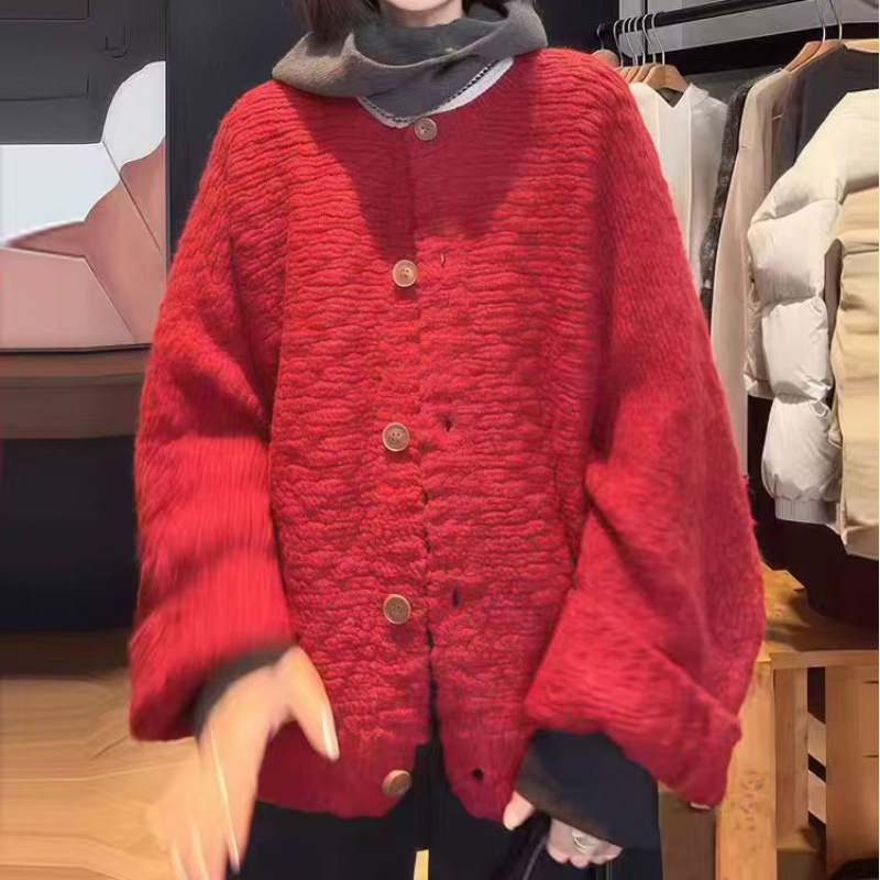Korean-Style High-End Red Cardigan Sweater for Women, Festive Christmas Outfit, Loose Knit Cardigan Top