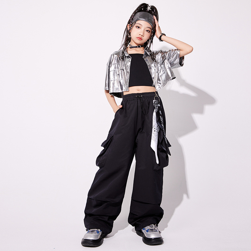 여자 재즈 댄스 의상 한국식 재즈 실버 배벨 세트 어린이 유행 모델 쇼 의상