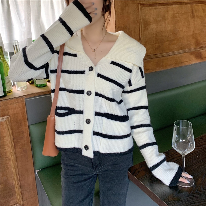 条纹毛衣外套女2025春秋新款日系甜美温柔风娃娃领小个子针织开衫|undefined