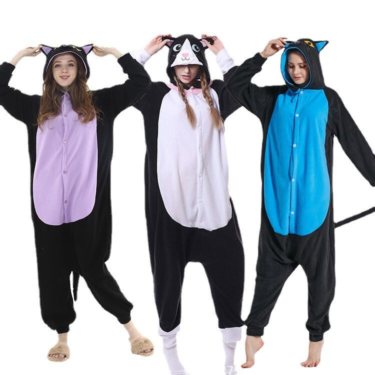 Halloween Mixed Batch Animal-Themed Cartoon One-Piece Pajamas for Adults, Midnight Cat Fleece Couple Loungewear Trendy Halloween Mixed Batch Animal-Themed Cartoon One-Piece Pajamas for Adults, Midnight Cat Fleece Couple Loungewear Trendy