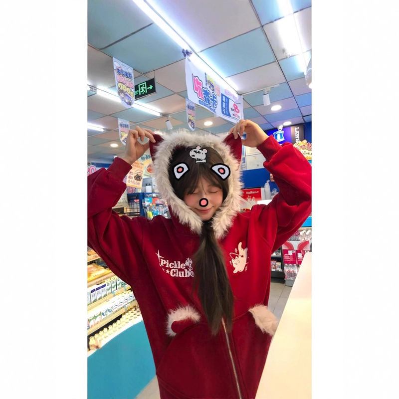 Red Christmas Ghost Cat Fur Collar Hooded Sweatshirt Women's Autumn and Winter Velvet Loose Lazy Atmosphere Cardigan Jacket Red Christmas Ghost Cat Fur Collar Hooded Sweatshirt Women's Autumn and Winter Velvet Loose Lazy Atmosphere Cardigan Jacket