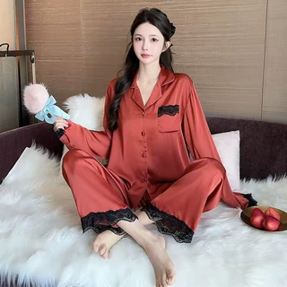 撞色蕾丝冰雪丝睡衣套装 女士长袖家居服轻奢冰雪丝两件套可外穿