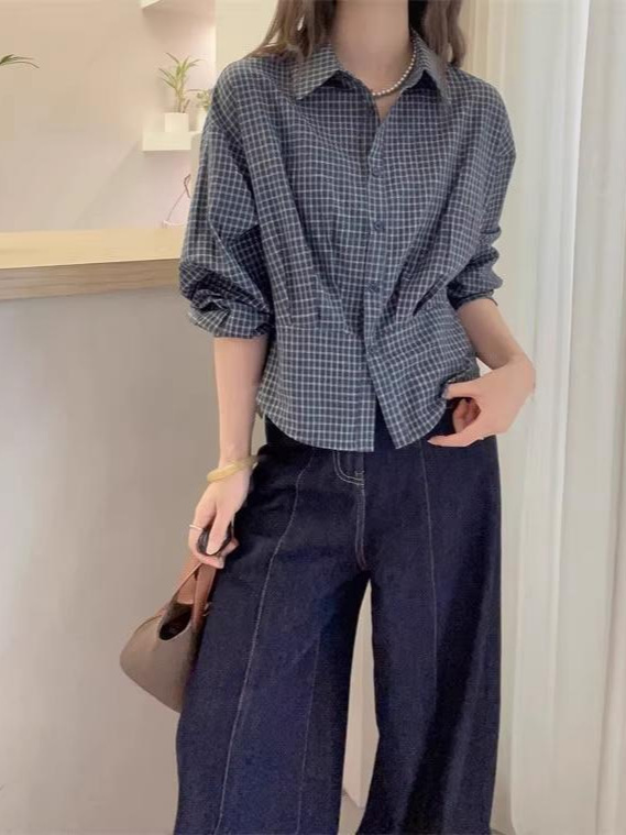 大码胖mm韩系格子长袖衬衫女装早秋2025新款高级收腰显瘦小衫上衣|undefined