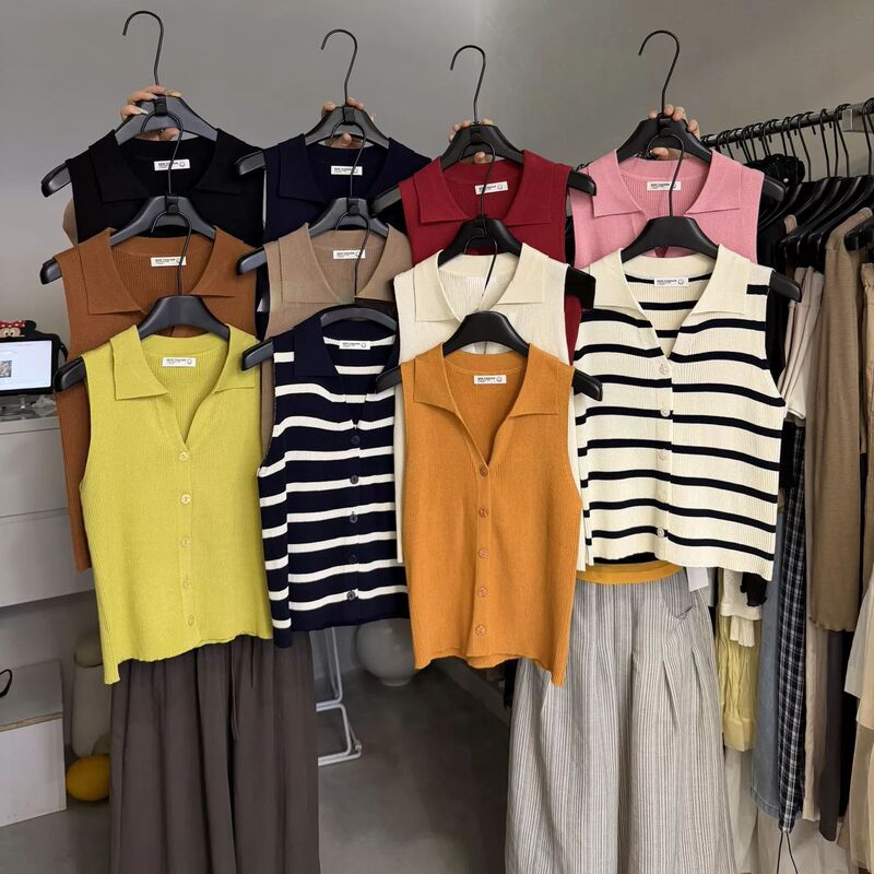 Korean Style Polo Collar Sleeveless Knitted Vest for Women 2026 Summer New Style Top Wholesale Dropshipping Korean Style Polo Collar Sleeveless Knitted Vest for Women 2026 Summer New Style Top Wholesale Dropshipping