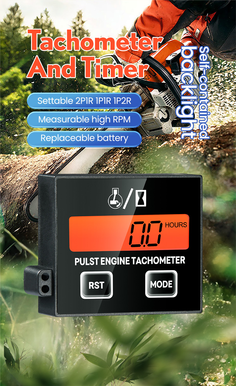 Inductive digital display tachometer for 2-stroke and 4-stroke engines, lawn mower oil accumulation timer tachometer