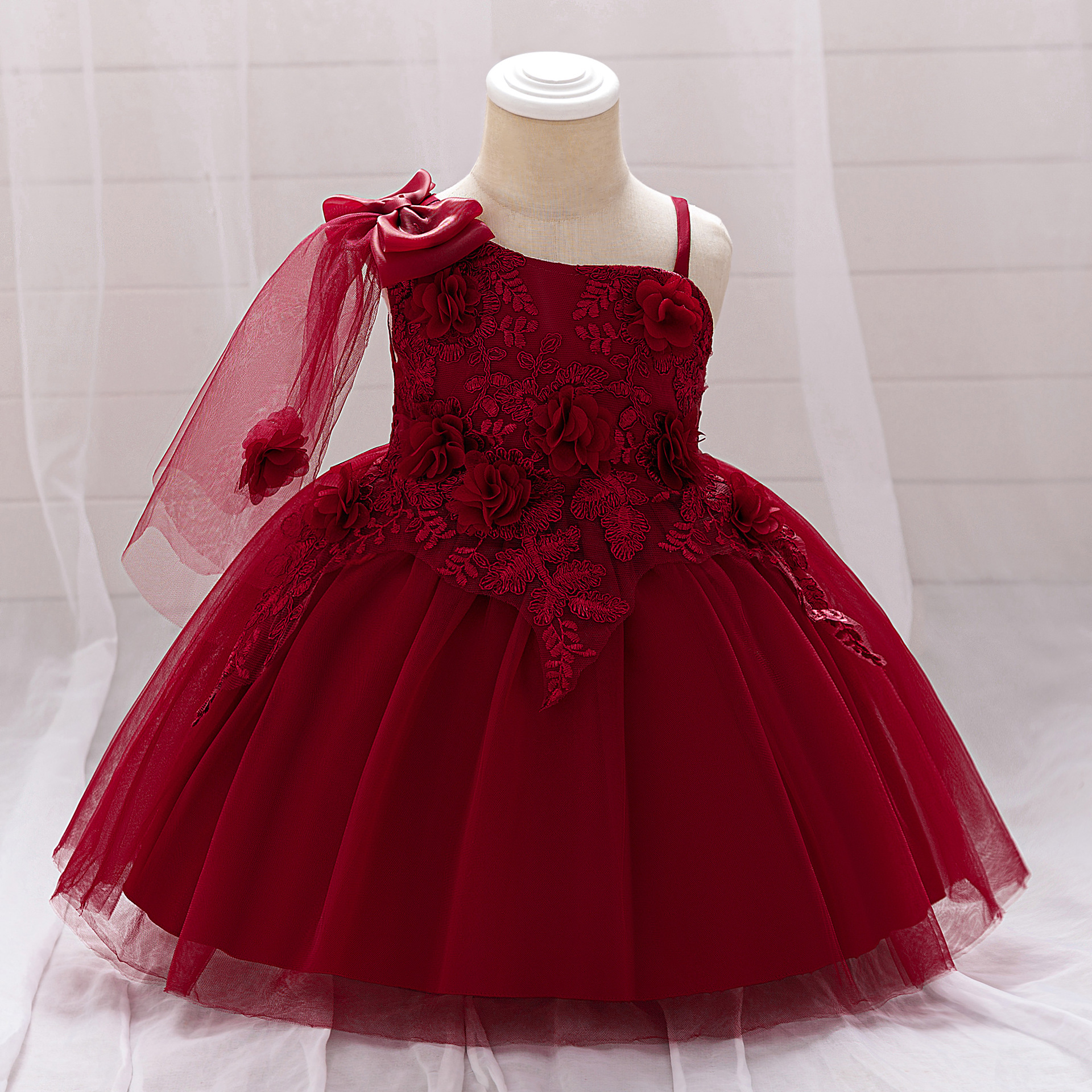 Vestido de lacio de fábrica vestido de novia blanco vestido de vestir chal vestido de princesa hinchada para niños
