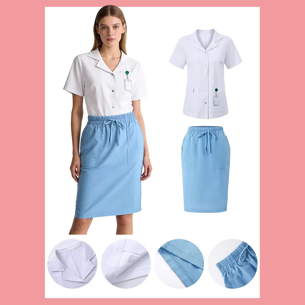 European and American Style Short-Sleeved White Medical Coat for Women, Beauty Salon Work Uniform, Suit Collar, Two-Piece White Coat, Medical Beauty Work Uniform