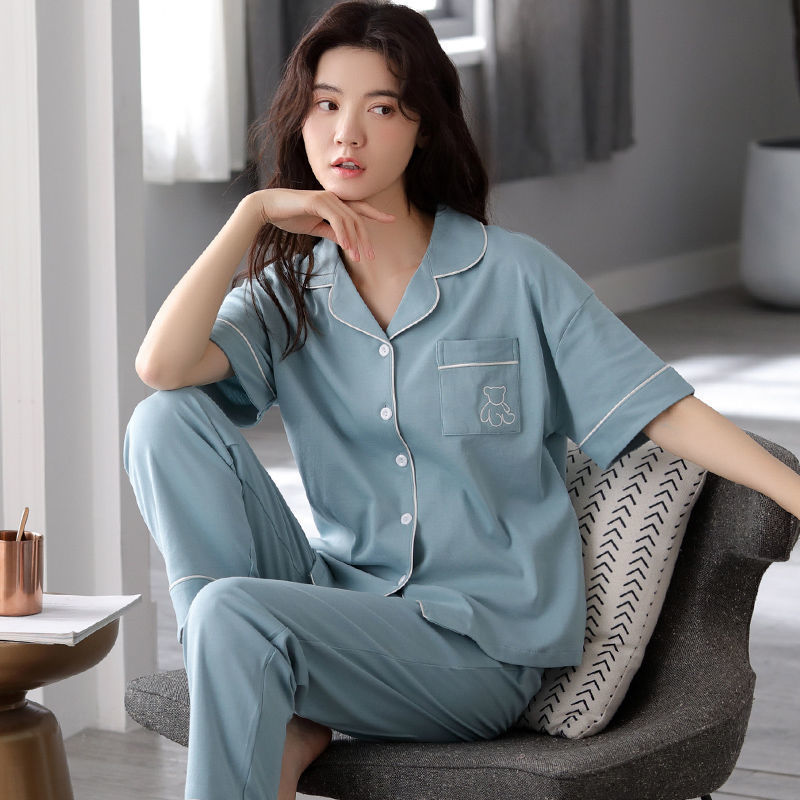 Pijamas mujer primavera y verano fino 100% algodón traje de dos piezas verano Pantalones de manga corta se puede usar fuera más tamaño homewear