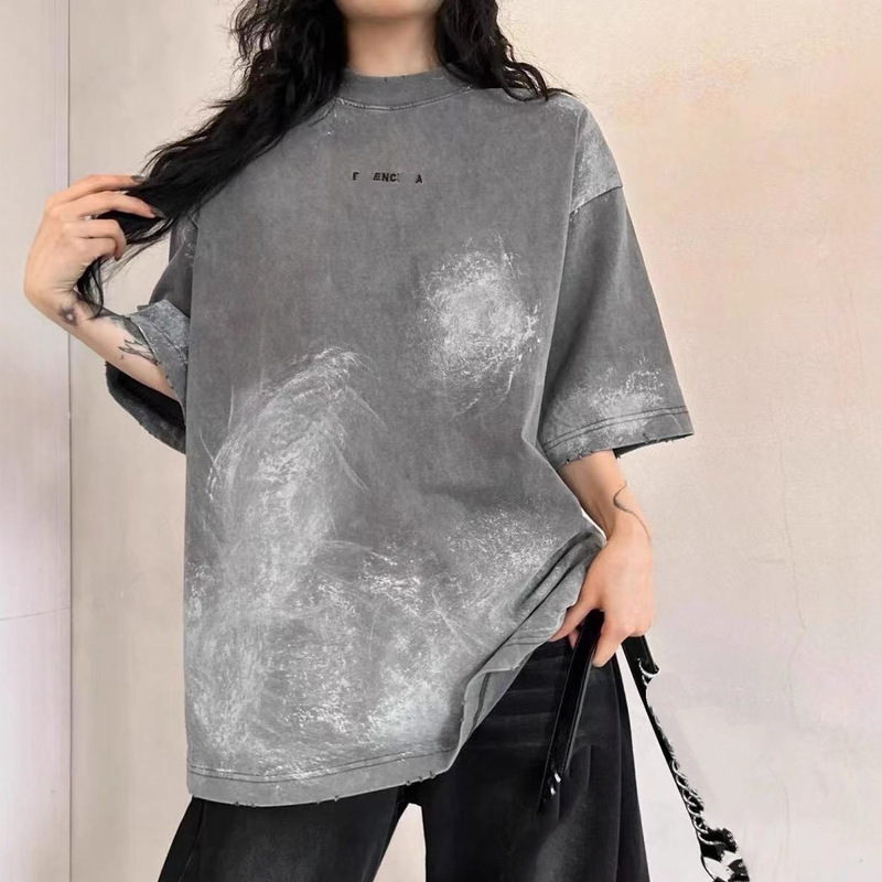 Original High Version Paris B Brand Front and Back Letter Logo Embroidery Hand-Painted Graffiti Washed and Worn Distressed Short-Sleeved T-Shirt