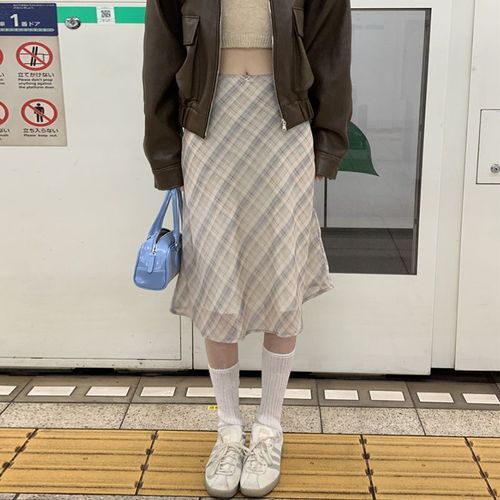 New chic French tweed retro high-waist cross-over versatile contrasting check fish-tail skirt knee-length