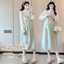 秋冬新款大码孕妇装蝴蝶结毛呢减龄孕妇背带裙+孕妇蕾丝打底上衣