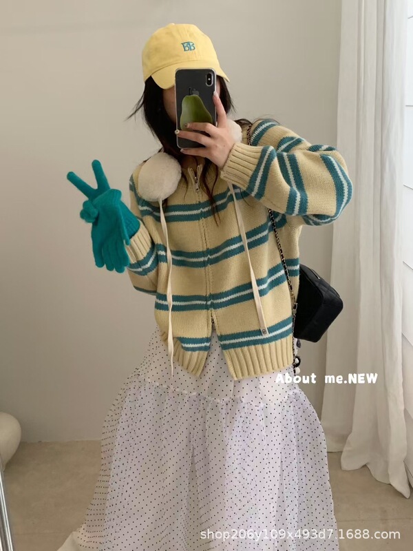秋季条纹韩系早秋穿搭灰色针织毛衣开衫外套女2025新款高级感上衣|undefined