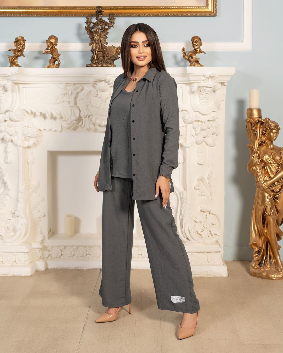GraceChic Dreiteiliges Set, sofort lieferbar, Naher Osten, Grenzüberschreitend, Arabisch, Herbst 2024, Neue Mode, Ärmelhemd, Weste, Lange Hose_voghion.com