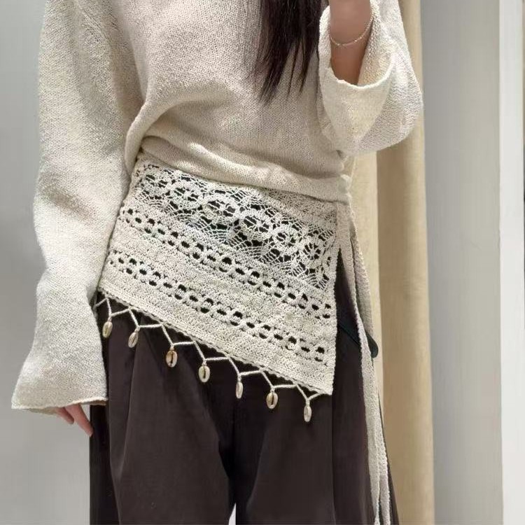 Bohemian Style Shell Tassel Waist Belt for Women, Retro Holiday Vibe, Hollow Lace Knitted Lace-Up Belt for Women
