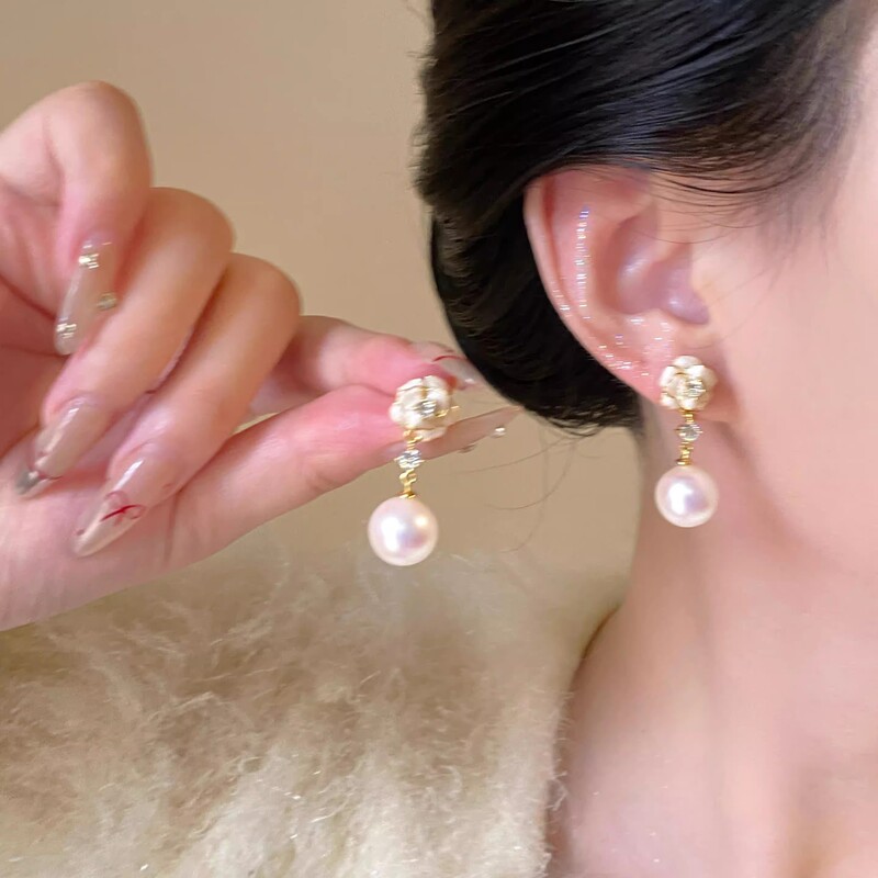 Pink Camellia Flower Pearl Flower Earrings Women's Light Luxury Fashion High Sense Earrings Simple Elegant Versatile Ear Accessories