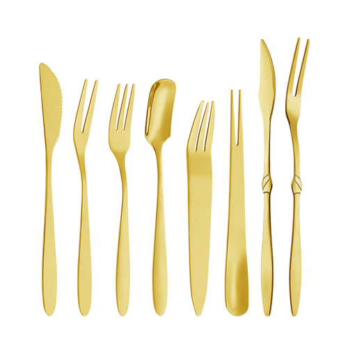 Stainless steel new moon cake knife, fork and spoon, creative fruit fork, cake dessert spoon, two-tooth dual-purpose fork, golden cake knife