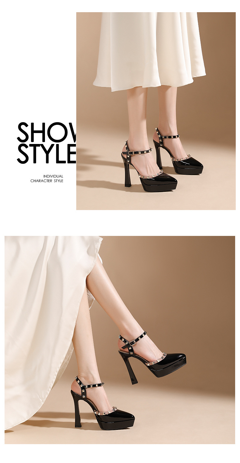 Sandal cao gót nữ mũi nhọn đinh tán gót nhọn — Màu đen chi tiết 6