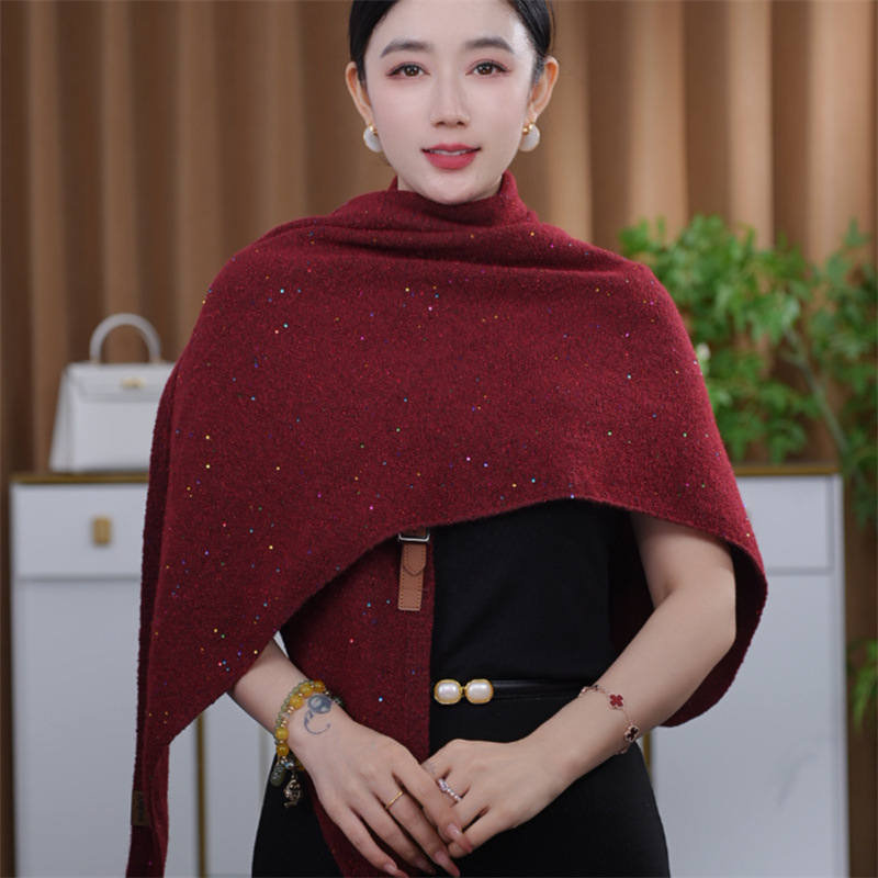 韩版新款洋气时尚百搭羊毛亮片针织披肩空调外搭交叉三角披肩|undefined