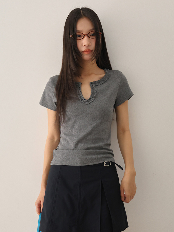 [Oufan] デザイン甘いキノコレース V ネックスリム T シャツ女性の夏痩身半袖トップ 3055|undefined