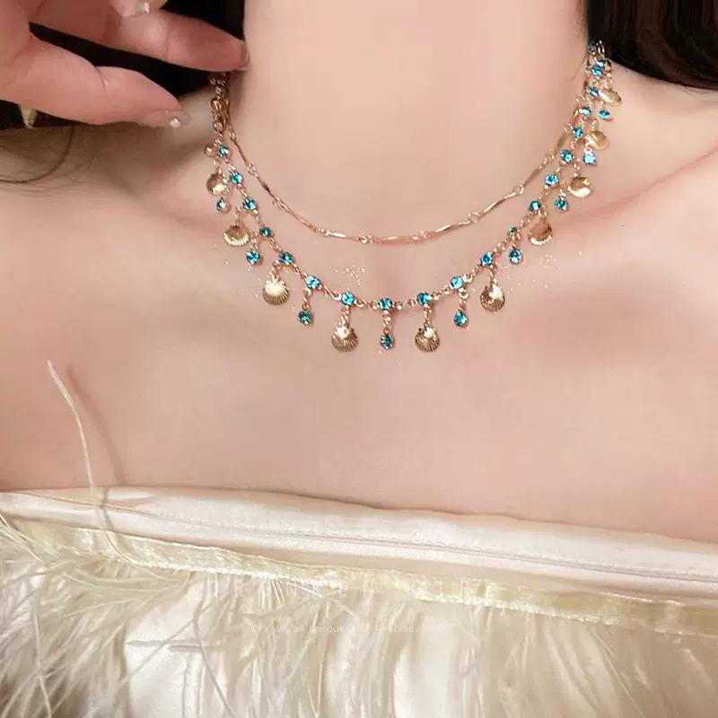 跨境海的女儿~蓝色锆石金色贝壳项链百搭手链设计轻奢吊坠首饰