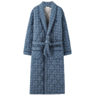Pajamas Men's Winter Three-Layer Thickened One-Piece Cotton Thickened Nightgown Outgoing Home Clothes Autumn and Winter Middle-Aged People