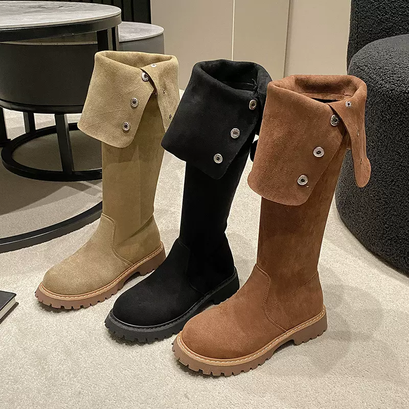 粗跟骑士靴女2025秋冬新款复古两穿西部骑士靴磨砂绒面长筒靴批发