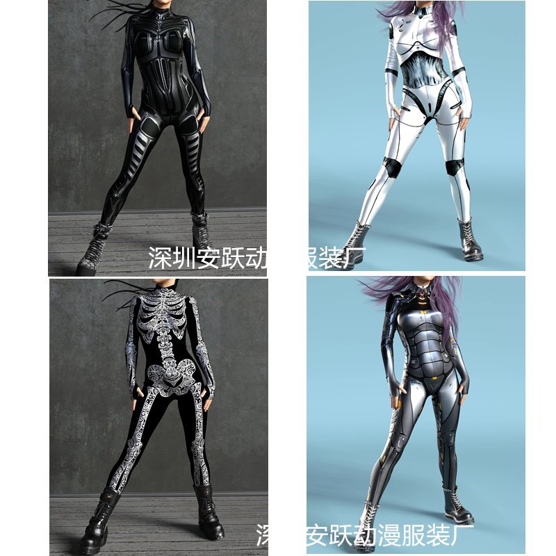 Cross-border European and American New Women's Dark Skull Colorful 3D Digital Printing Clasp Tight Women's Jumpsuit