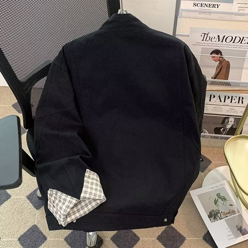 Grid Splicing Jacket, Trendy Loose Baseball Jacket, Lapel Workwear Jacket_voghion.com